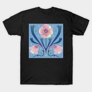 Pattern of pink Art Nouveau flowers on a light blue background T-Shirt